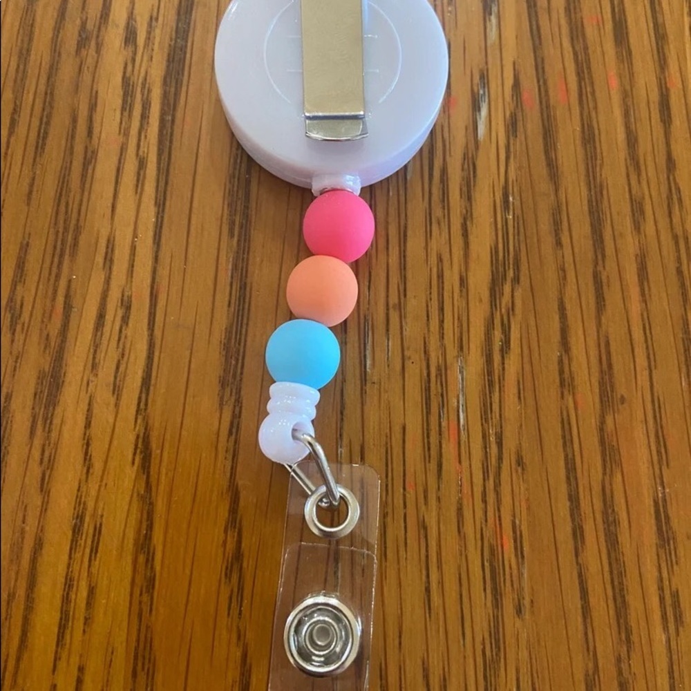Bright Pink, Pastel Blue, and Peach Beaded Interchangeable Badge Reel - Picture 2 of 2